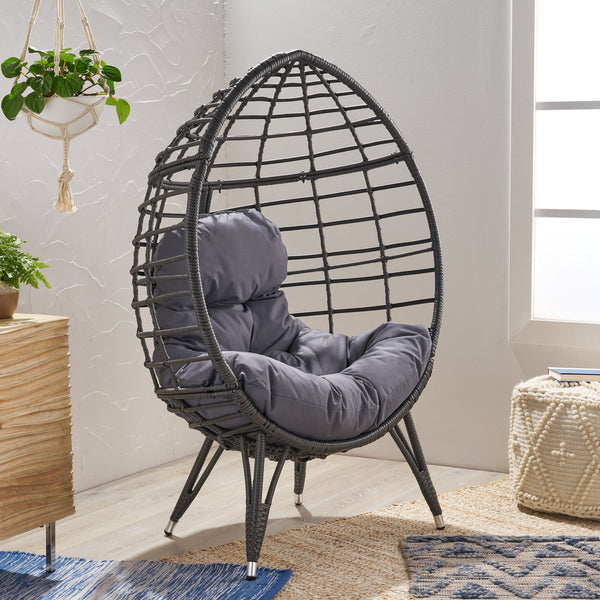 English Elm Christopher Knight Home® - SANTINO Teardrop Wicker Chair with Water‑Resistant Cushion, Gray Faux Rattan, Iron Frame, Cozy Lounger 65646.00GDGRY