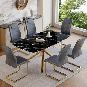 English Elm Table and Chair Set Marble Glass Top with Sculptural Gold Legs Six Seat Glam Dining Black+Gold,Dark Gray W1151S03297