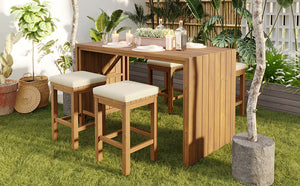 English Elm 5 Piece Outdoor Bar Set Acacia Wood Table & 4 Cushioned Stools, Removable Beige Cushions, Durable N704G201252A