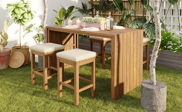 English Elm 5 Piece Outdoor Bar Set Acacia Wood Table & 4 Cushioned Stools, Removable Beige Cushions, Durable N704G201252A