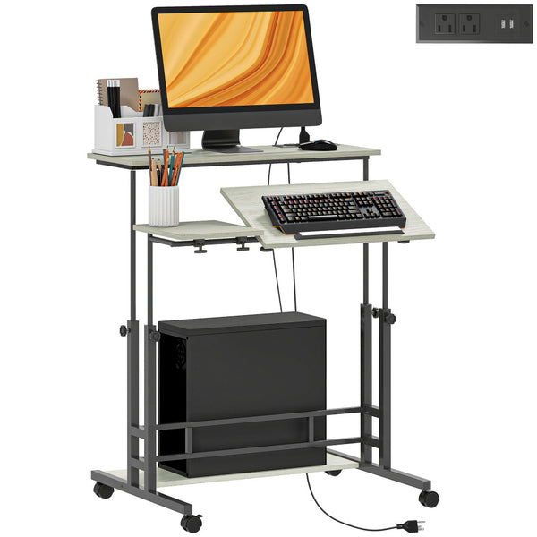 English Elm Homcom Rolling Standing Desk with Power Outlets Usb Ports Tiltable Oak Home Office W2225P485619