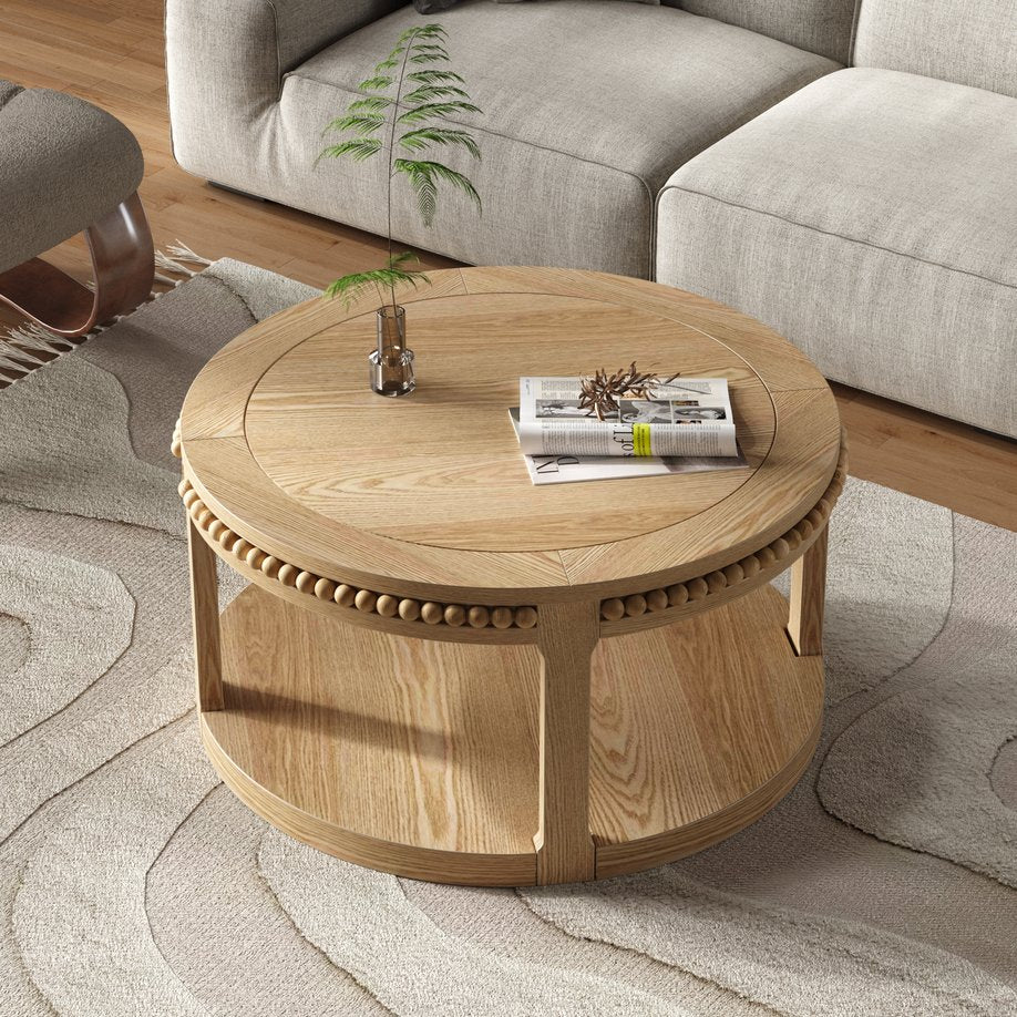 English Elm 31.5 Inch Round Solid Wood Coffee Table Two-Tier Thick Top Sturdy Legs 100lb Capacity, Elegant Finish Natural Wood W1445P341374