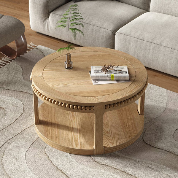 English Elm 31.5 Inch Round Solid Wood Coffee Table Two-Tier Thick Top Sturdy Legs 100lb Capacity, Elegant Finish Natural Wood W1445P341374