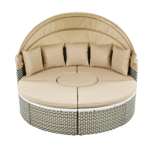English Elm TOPMAX All-Weather Rattan Round Sectional Daybed with Retractable Canopy, Adjustable Table & Cushions Light Coffee SP100023AAC