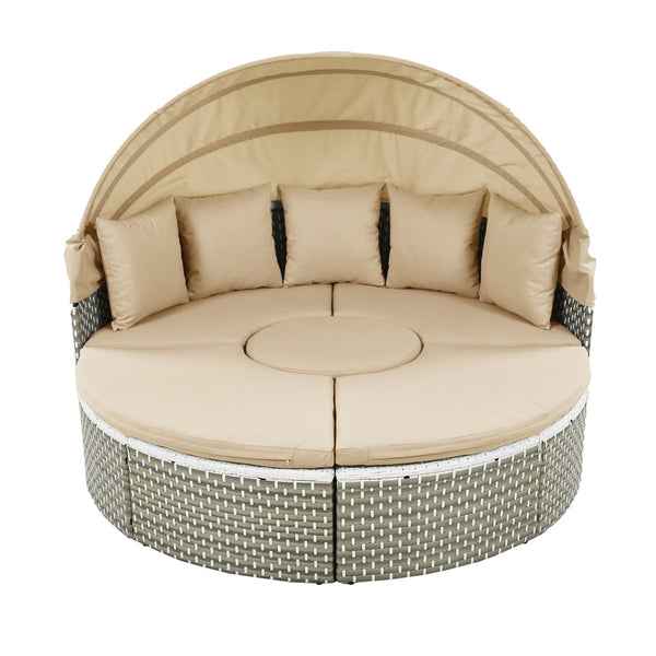 English Elm TOPMAX All-Weather Rattan Round Sectional Daybed with Retractable Canopy, Adjustable Table & Cushions Light Coffee SP100023AAC