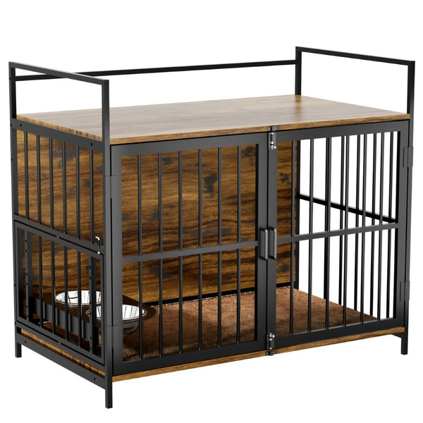 English Elm Dog Kennel Furniture Console with Rotating Feeder Bowls Steel Frame Brown Finish W3190P350230