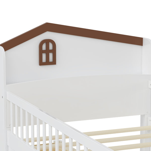 English Elm Twin Bed Frame with Storage Drawers and House Headboard, Kids Platform Bed with Guardrail Ladder and Shelf White 49.3 L x 16.25 W x 7.75 H N733S278032K