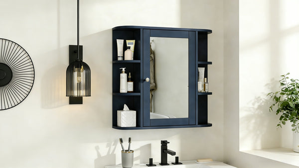 English Elm Bathroom Wall Cabinet with Mirror Door Open Shelving and Adjustable Interior Storage Blue N817P375228B
