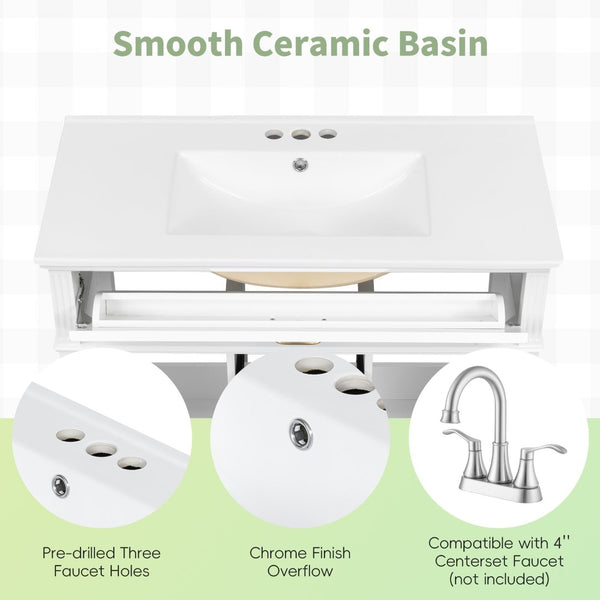 English Elm 36" Freestanding Single Sink Bathroom Vanity Rubberwood Cabinet with Matching Mirror White N725S314034K