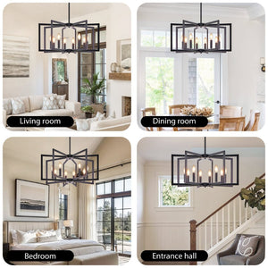 English Elm 27" Eight Light Matte Black Iron Geometric Chandelier for Dining and Living Spaces W1340P279980