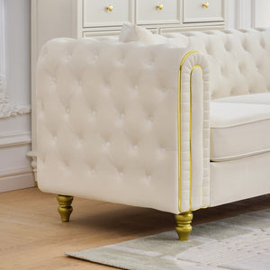 English Elm 86" Chesterfield Velvet Three Seat Sofa Button Tufted Rolled Arms Gold Legs Living Room Beige W3373S00079