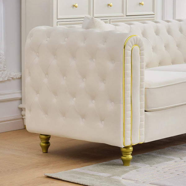 English Elm 86" Chesterfield Velvet Three Seat Sofa Button Tufted Rolled Arms Gold Legs Living Room Beige W3373S00079