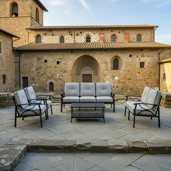 English Elm 5-piece Outdoor Conversation Set Steel Frame Patio Sofa Loveseat Chairs Table Grey+Black B082S00132