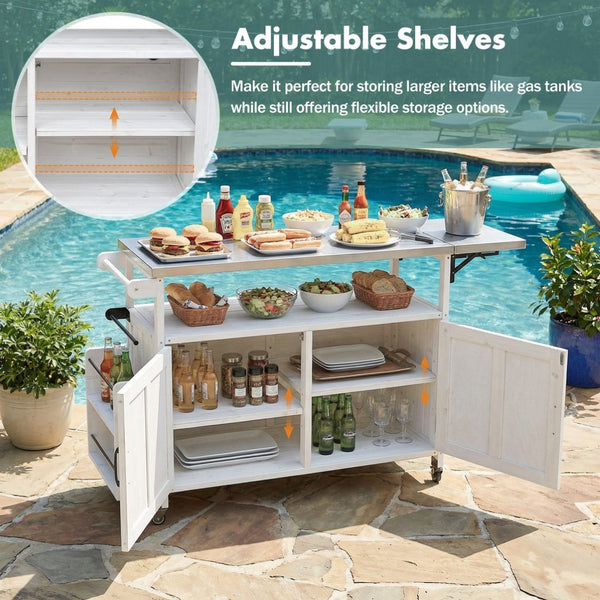 English Elm Foldable Outdoor Kitchen Cart with Stainless Worktop Fir Wood Frame and Lockable Wheels White N719P380279K