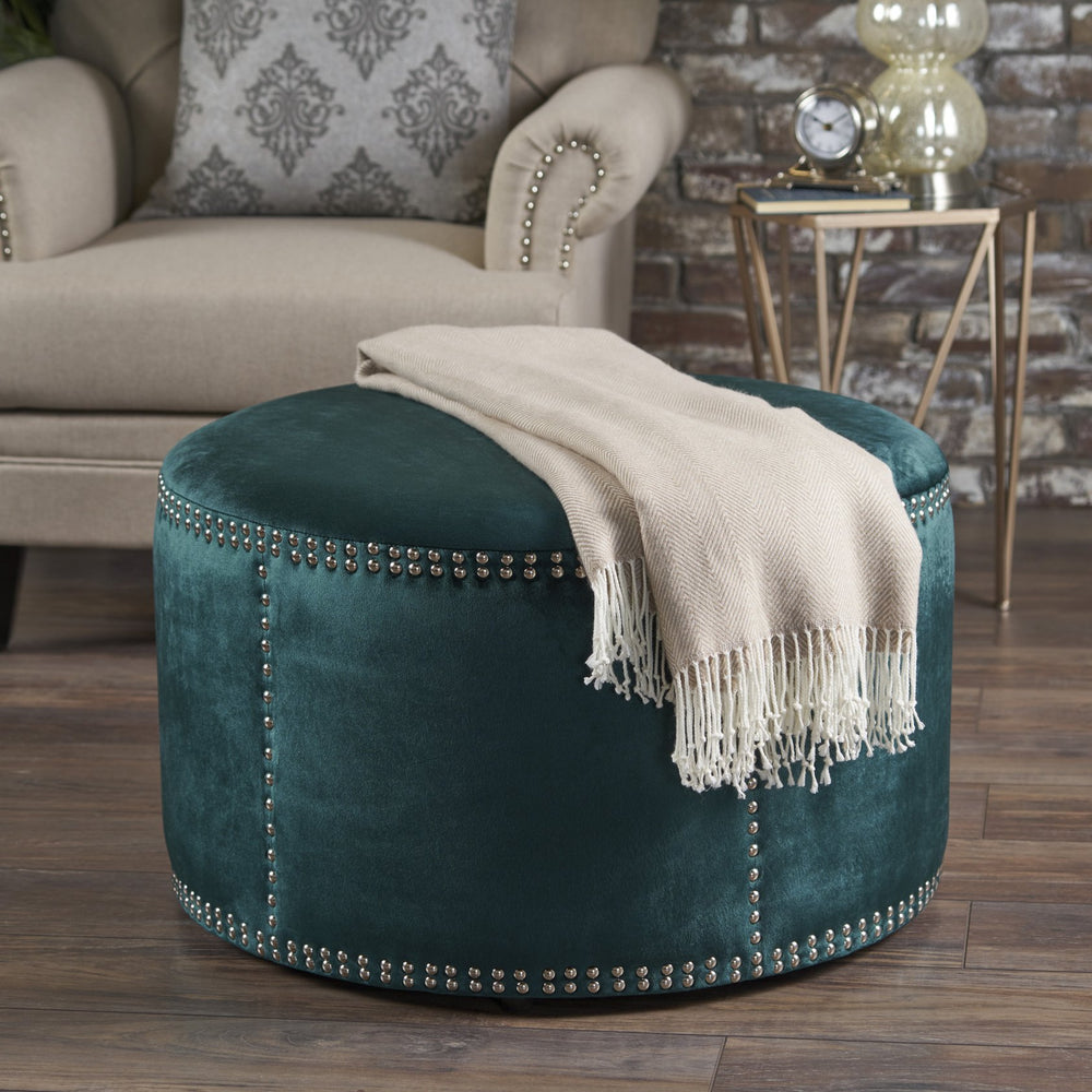 English Elm Christopher Knight Home® - OTTOMAN Teal Velvet Round Studded Accent Ottoman — Plush 100% Polyester Footrest, Stylish Focal Point (29.5" x 18.5") 61017.00