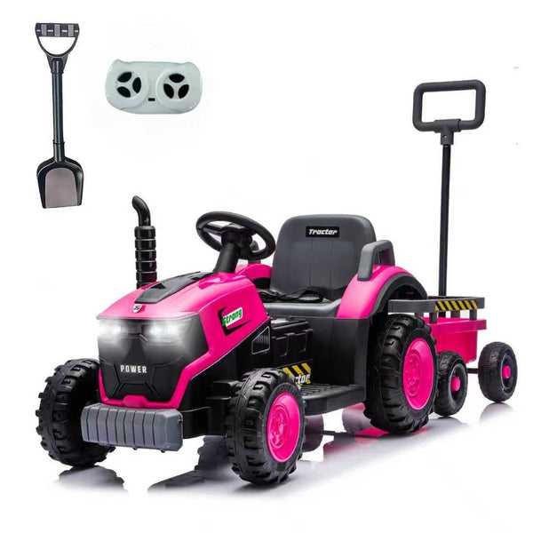 English Elm Kids 12v Electric Farm Tractor Ride on Toy with Detachable Trailer and Bluetooth Audio Magenta W3662P396661