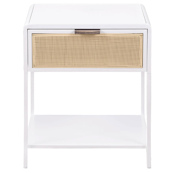 English Elm Duncan White 1-Drawer Nightstand with Radio Weave Cane Front, Black Steel Frame & Laminate Top B062P299872