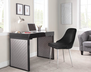 English Elm Upholstered Writing Desk with Silver Velvet Panels Black Steel Base and Dark Wood Top B202P471627