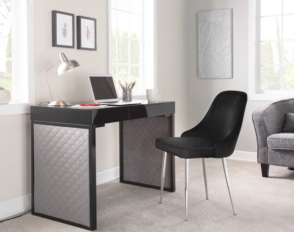 English Elm Upholstered Writing Desk with Silver Velvet Panels Black Steel Base and Dark Wood Top B202P471627