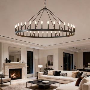 English Elm 59.06 Inch Matte Black Wagon Wheel Chandelier 54 Light Farmhouse Grand Entryway W5008P388933