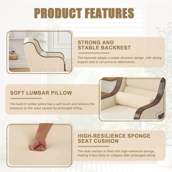 English Elm UNITED Oversized Chaise Lounge Sofa Bed with Solid Wood Arms, High-Resilience Foam, 800lb Capacity and Storage Pockets Beige W1568S00212