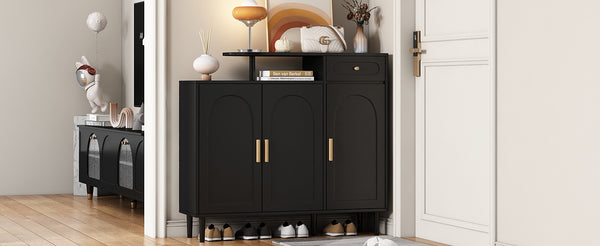 English Elm ON-TREND Elegant Arched Shoe Cabinet with Drawer and Adjustable Shelves, Stable Storage Sideboard for Entryway Black WF321210AAB