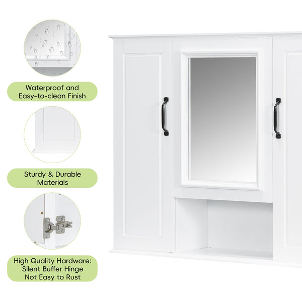 English Elm 36'' Mirror Cabinet with 3 Doors — Wall-Mounted Bathroom Storage Unit, MDF & Pine, Spacious Shelves White N725P346902K