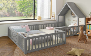 English Elm Full House Floor Bed with Door and Guardrails for Kids, Solid Wood Double Full, Safe Play Nook Grey W1580P354640