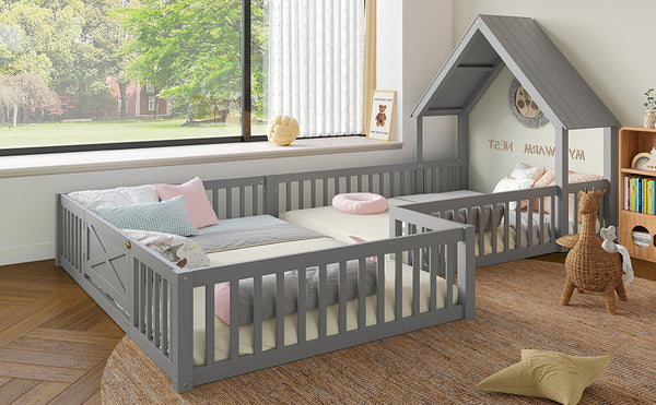 English Elm Full House Floor Bed with Door and Guardrails for Kids, Solid Wood Double Full, Safe Play Nook Grey W1580P354640