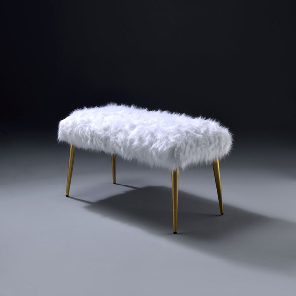 English Elm White Faux Fur And Gold Metal Bench - Modern Glam Accent For Entryway, Bedroom, Or Living Room B062P189115-GIGA