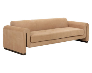 Sunpan Romer Sofa - Luxurious Nubuck Tan Leather with Distressed Brown Oak Legs for Cozy Living Spaces