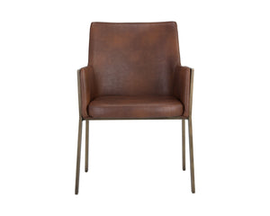 Sunpan Bernadette Dining Armchair – Elegant Design with Antique Brass Frame and Durable Faux Leather Upholstery Bravo Cognac