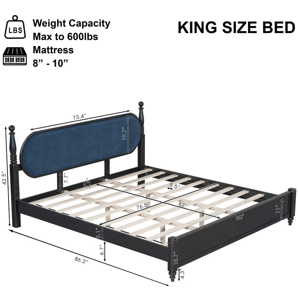 English Elm King Platform Bed Solid Wood Frame Navy Velvet Headboard Modern Bedroom Furniture N770PK379966C