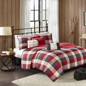English Elm 6 Ridge Reversible Herringbone Quilt Set with Embroidered Throw Pillows Buffalo Plaid Full/Queen Red 22.83 L x 17.72 W x 11.81 H B03597497