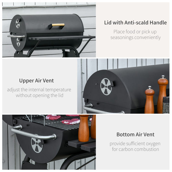 English Elm Outsunny Barrel Charcoal Smoker Grill with Offset Firebox Wheels and Storage Shelves W2225P174308