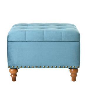 English Elm Square Velvet Ottoman with Storage, Cream Upholstery, Child-Safe Hinge, Rivet Trim, Solid Wood Feet, Compact Comfort Light Blue W2941P242272
