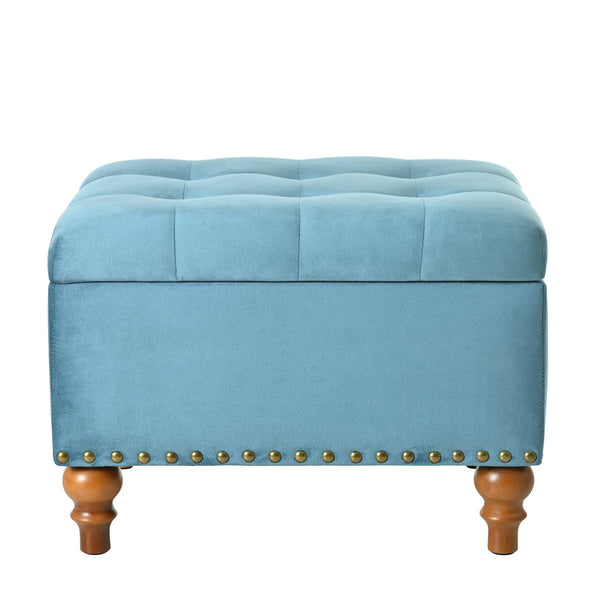 English Elm Square Velvet Ottoman with Storage, Cream Upholstery, Child-Safe Hinge, Rivet Trim, Solid Wood Feet, Compact Comfort Light Blue W2941P242272