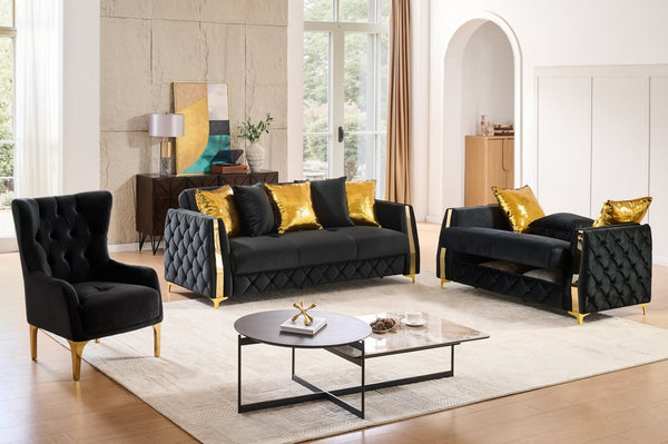 English Elm Lippa 3 Piece Quilted Tufted Living Room Set with Sleeper Storage and Gold Legs Black B009S02236