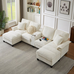 English Elm 120" Modular Corduroy Sectional Sofa Bed with Storage, U-Shaped 4-Seater, Cup Holders & Console Beige W1359S00010