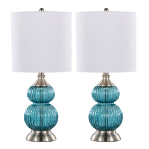 English Elm Belle 20" Contemporary Seeded Glass Table Lamp Set of 2 in Sapphire Blue with White Linen Shade, Brushed Nickel accents and Rotary Switch for Modern Home Décor B202P224026