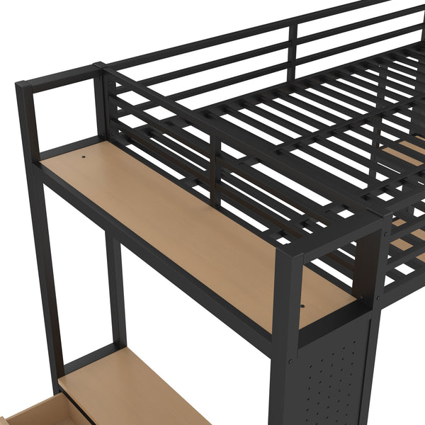 English Elm Full Size Loft Bed Frame With Integrated Wardrobe, Storage Shelves, And Pegboard For Smart Living W1580S00232