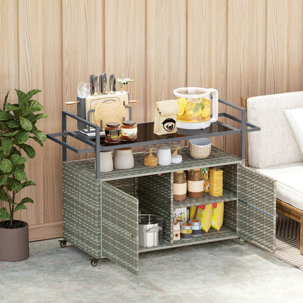 English Elm Outsunny Pe Rattan Outdoor Bar Cart with Glass Top Cabinet and Rolling Wheels W2225P485562