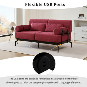 English Elm Modern Loveseat Sofa with Cylindrical Armrests, Built-In USB Ports, Chenille Cushions, Steel Frame Red N719P290584J