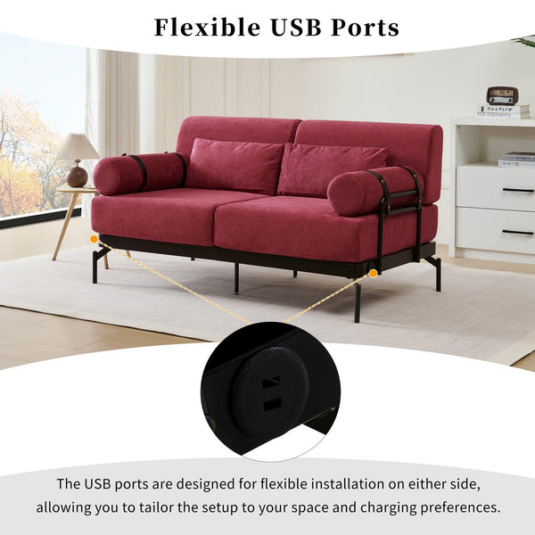 English Elm Modern Loveseat Sofa with Cylindrical Armrests, Built-In USB Ports, Chenille Cushions, Steel Frame Red N719P290584J