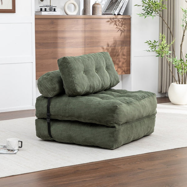 English Elm Folding Floor Sofa Bed Convertible Sleeper Chair with Shredded Foam Corded Fabric Green W2200P442796