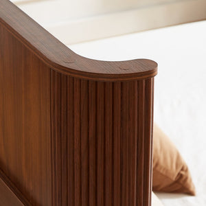 English Elm Natural Fluted Wood Platform Bed Minimalist Queen Frame with Tall Curved Headboard Walnut W5219S00003