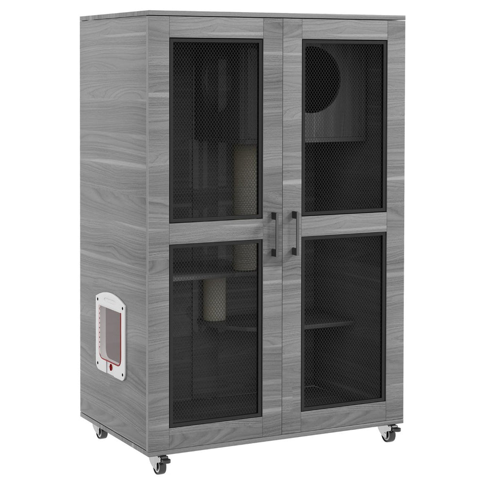 English Elm Pawhut Indoor Cat Enclosure Catio Villa with Scratching Posts Oak Furniture Style W2225P229157