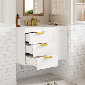 English Elm 30" Wall Mounted Bathroom Vanity with Ceramic Basin Sink, Floating Storage, Soft-Close Doors, Modern Elegance White N710P324096K