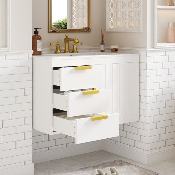 English Elm 30" Wall Mounted Bathroom Vanity with Ceramic Basin Sink, Floating Storage, Soft-Close Doors, Modern Elegance White N710P324096K