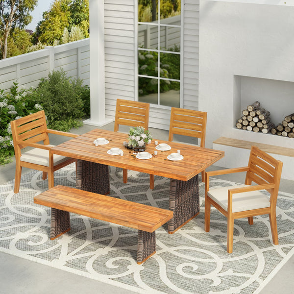 English Elm Christopher Knight Home® - 6 Acacia Wood Outdoor Dining Set with Handwoven Rattan Legs, 6-Piece Table Bench and Chairs for Patio Beige,Grey,Natural,Teak N773OD00040G